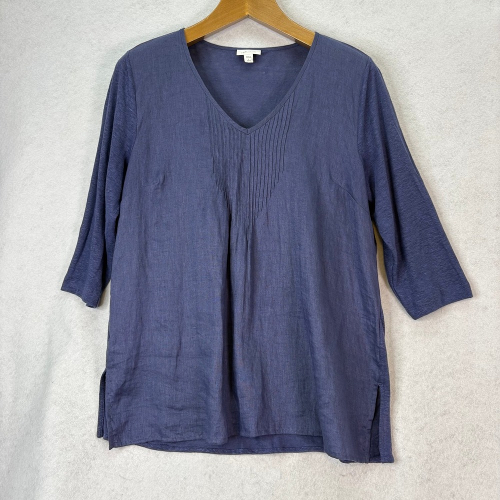 J. Jill Blue Pintuck‎ Pleat 100% Linen V-Neck Top Womens Lp Lagenlook Coastal